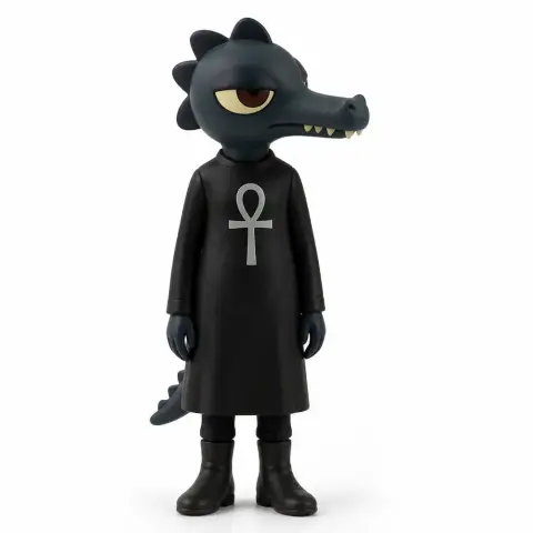 Anthropomorphic alligator character in a black robe with an ankh symbol, from 'Night in the Woods.'
