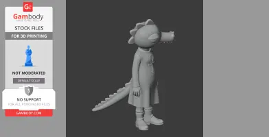 Anthropomorphic alligator figure wearing a dress with an ankh symbol, standing on two legs.