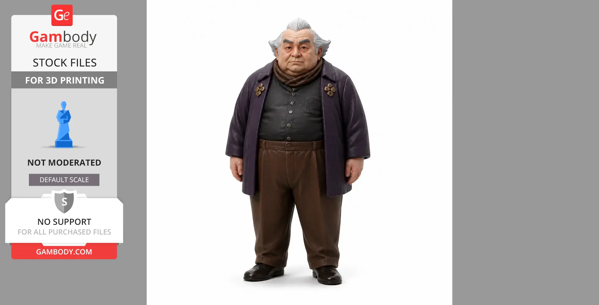 A portly figurine with styled gray hair, wearing a dark coat, black shirt, and brown pants.