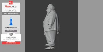Side view of a 3D printed figurine of Mr. Oshiro from Celeste, showcasing his detailed attire.