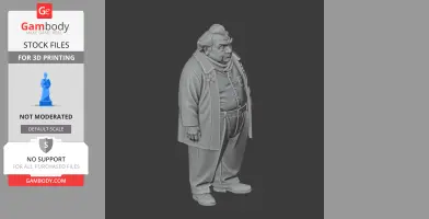 3D model of an elderly, heavyset man in a long coat, standing with a stern expression.