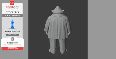 A 3D model of a rotund character from behind, wearing a coat and hat, suitable for 3D printing.