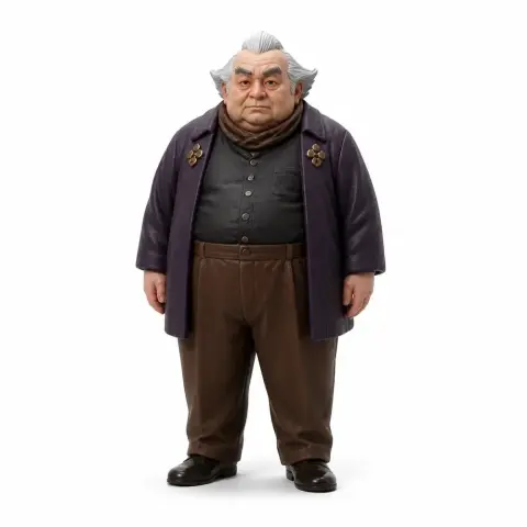 Elderly man figurine with silver hair, wearing a dark jacket and brown pants.