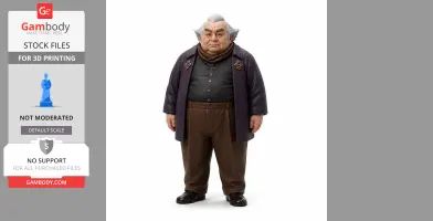 A portly figurine with styled gray hair, wearing a dark coat, black shirt, and brown pants.