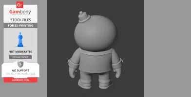 A 3D model of a rotund character with a hat, viewed from behind, designed for 3D printing.
