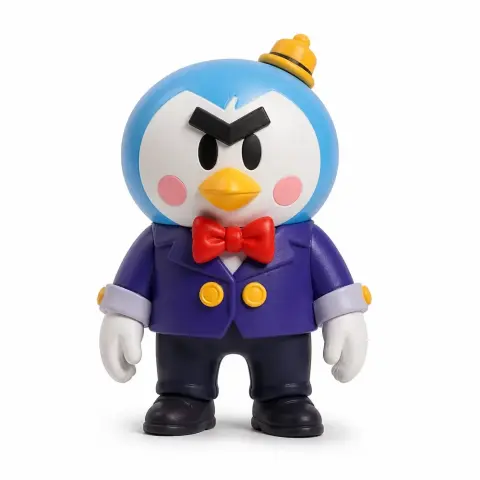 Cartoonish penguin character in a suit with a red bowtie and yellow hat, designed for 3D printing.