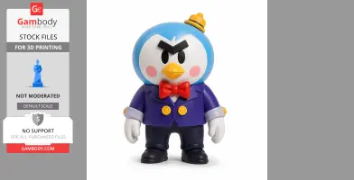 A cartoonish penguin figure in a suit with a red bow tie and a small yellow hat.