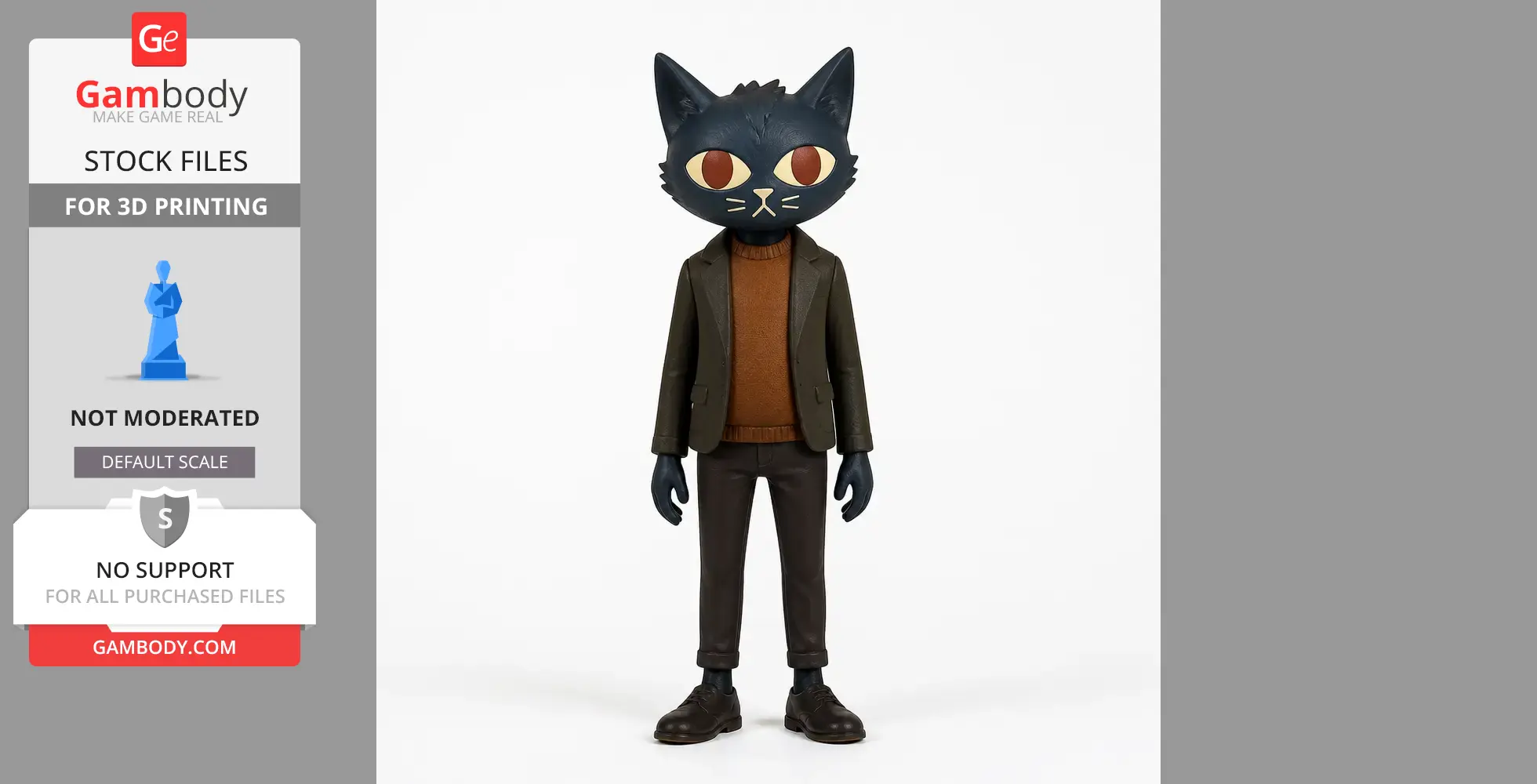 A 3D model of a humanoid cat character in a jacket and pants, designed for 3D printing.
