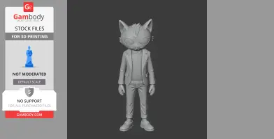 Anthropomorphic cat character in a suit, standing. Suitable for 3D printing.