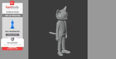 A 3D model of an anthropomorphic cat in a suit, standing upright, with detailed clothing and features.