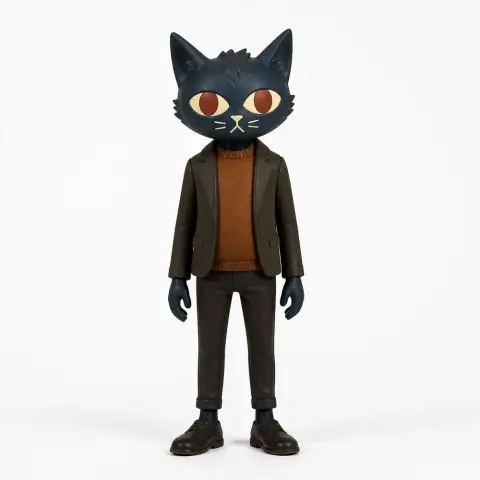 A 3D model of Mr. Penderson, a dark blue anthropomorphic cat, wearing a suit from 'Night in the Woods.'