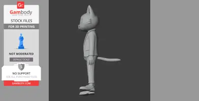 Anthropomorphic cat figure in a suit, standing sideways, designed for 3D printing.