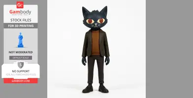 A 3D model of a humanoid cat character in a jacket and pants, designed for 3D printing.