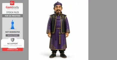 A 3D printable figure of Mr. Qi from Stardew Valley, wearing a purple robe with gold details.