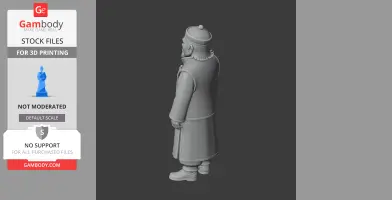 A 3D model of a standing character in a long coat and hat, designed for 3D printing.