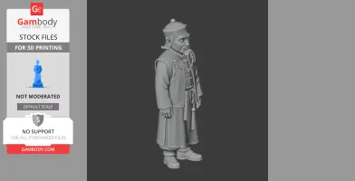 A detailed 3D model of a robed and bearded character with a long coat and hat, designed for 3D printing.