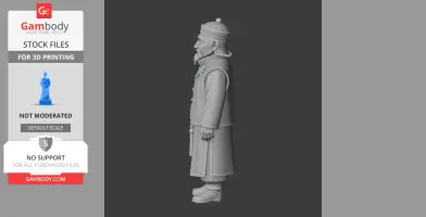 Side view of a 3D model figurine, depicting a character in ornate attire with a hat and beard.