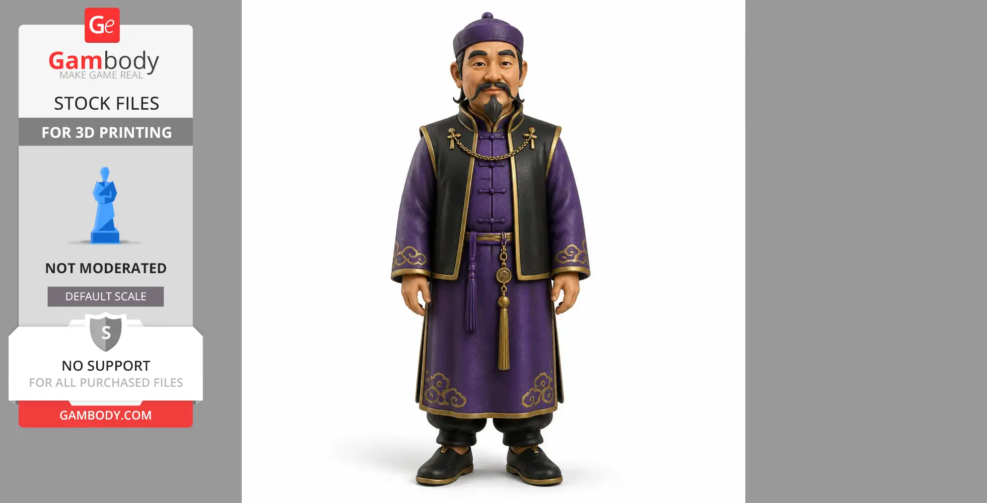 A 3D printable figure of Mr. Qi from Stardew Valley, wearing a purple robe with gold details.
