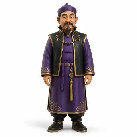 A 3D figurine of a man in a purple and gold robe with a hat, designed for 3D printing.