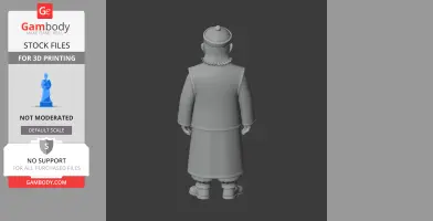 3D model of a character in a long coat and hat, viewed from behind, set against a gray background.