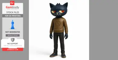 Anthropomorphic cat figure with blue fur, brown sweater, and black pants, designed for 3D printing.