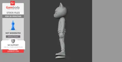 A 3D model of a humanoid cat figure in profile, wearing casual clothing, for 3D printing.