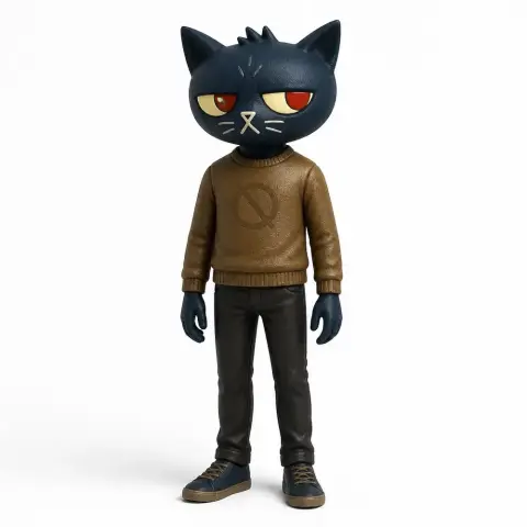 Anthropomorphic cat figure with a grumpy expression, wearing a brown sweater and black pants.