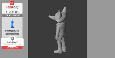 A 3D model of an anthropomorphic fox character, standing upright, viewed from a side angle.