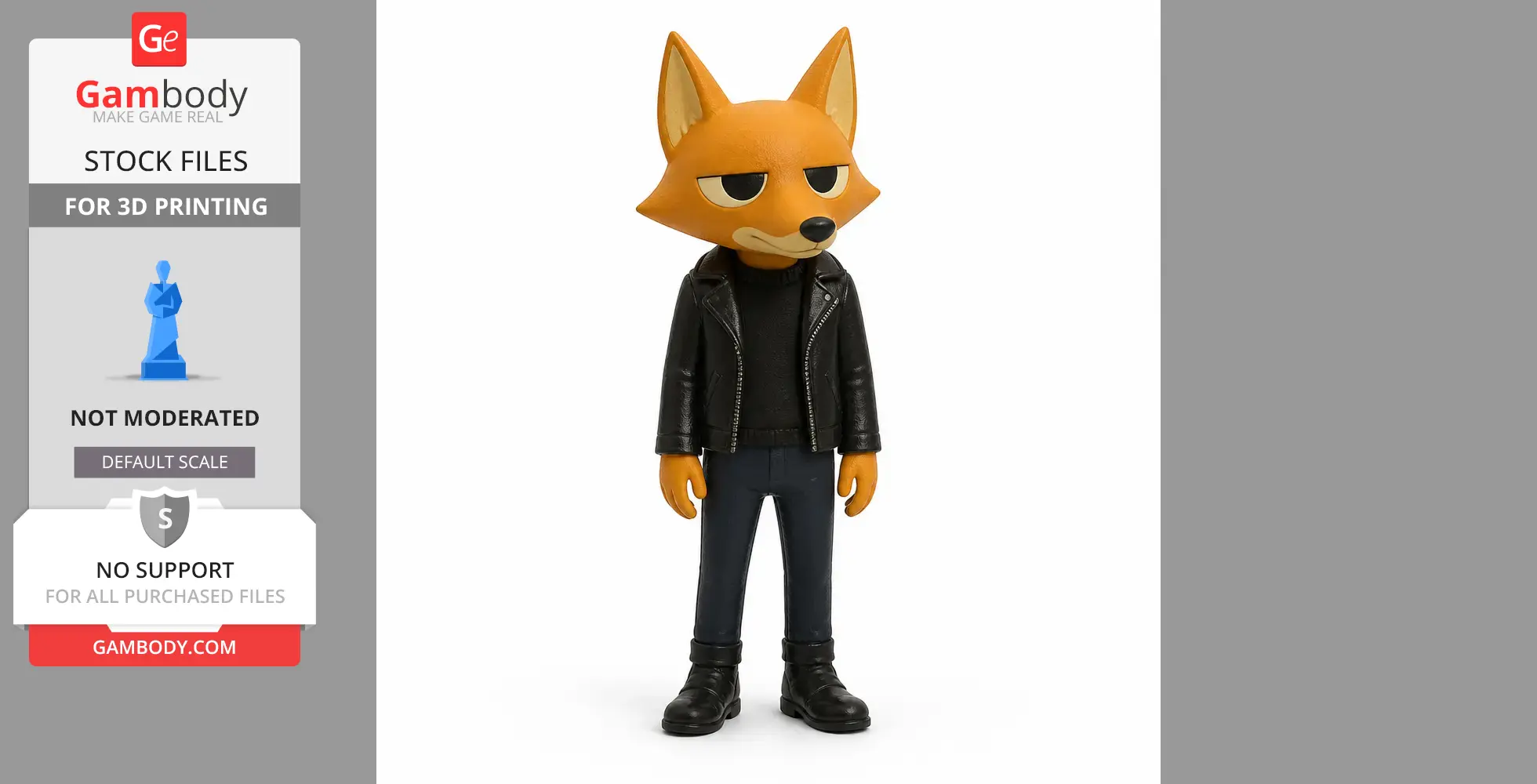 Anthropomorphic fox in leather jacket and jeans, standing on a plain background.