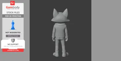 3D model of a character from behind, with large triangular ears, a jacket, and pants.