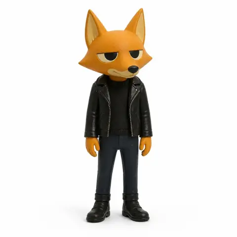 A fox character in a black jacket and boots, standing with arms by their sides.