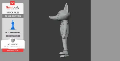 3D model of an anthropomorphic fox character in casual attire, shown in side view for printing.