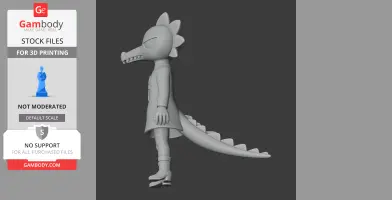 Cartoon reptilian character figure with a long tail and spiky crest, standing in profile view.