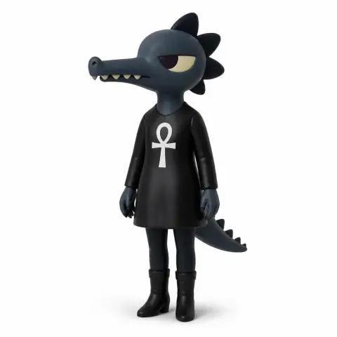 Anthropomorphic alligator figure with black dress, ankh symbol, and spiky back. 3D printable model.