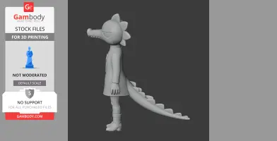 Side view of cartoon alligator character figure in a coat with a long tail for 3D printing.