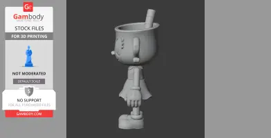 Stylized 3D model of a cup-headed character in side view, with straw and cartoonish limbs.