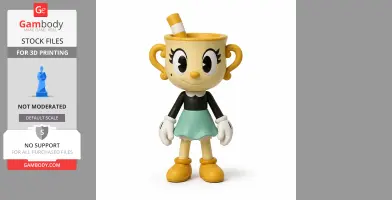 A cartoonish cup-headed character with a straw, wearing a dress, gloves, and shoes, standing cheerfully.