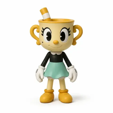 Cheerful cartoonish character with a cup head, wearing a yellow skirt and shoes, standing upright.