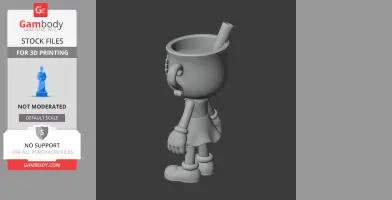 A 3D model of Ms. Chalice from Cuphead, featuring a cup-shaped head with a straw, wearing gloves and shoes.