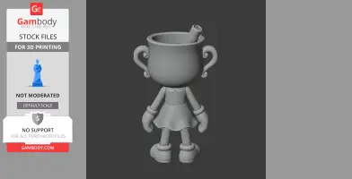 3D model of Ms. Chalice from Cuphead, featuring a cup head with handles, dressed in a skirt.