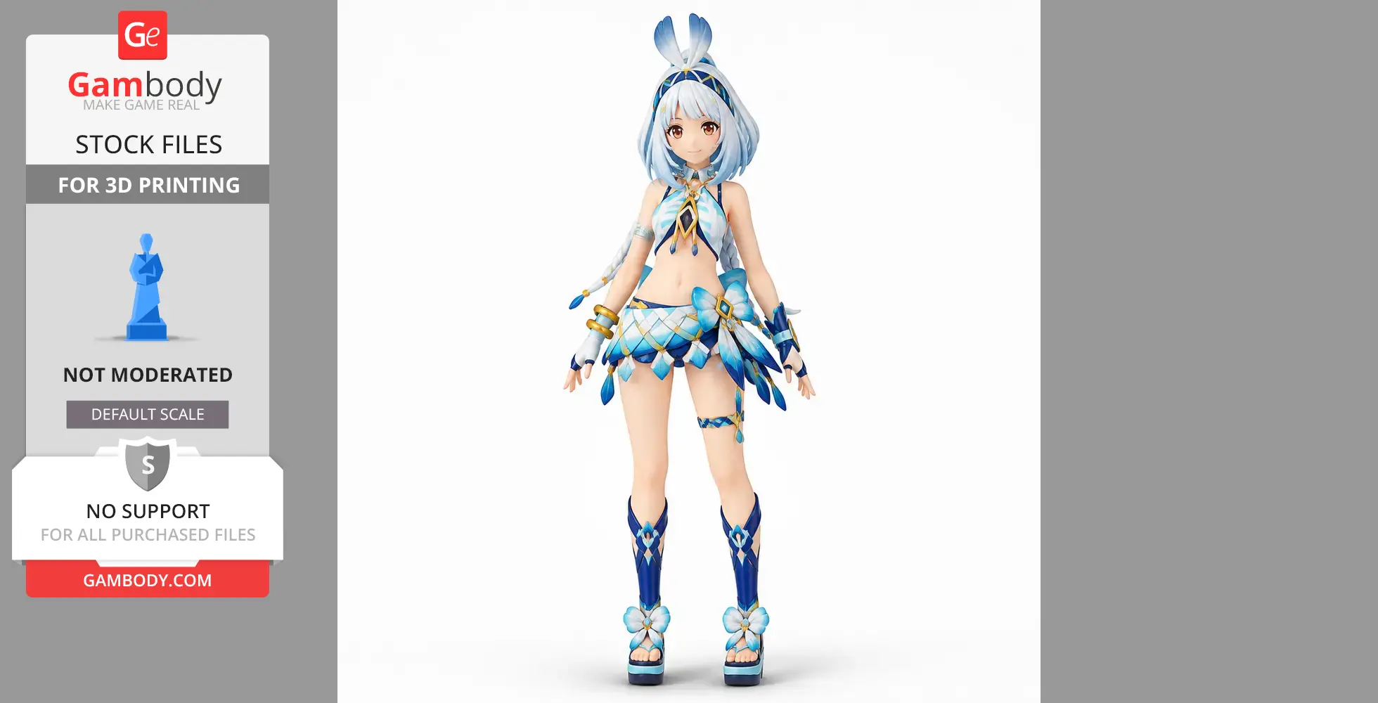 A detailed 3D figure of a female character with blue attire and accessories, suitable for 3D printing.