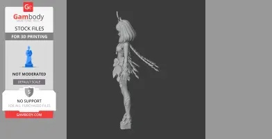 3D figure of a character with a headpiece, flowing hair, and detailed outfit, in side profile view.
