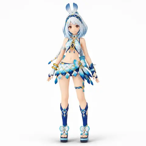 A 3D figure of a female character with silver hair and a blue, feathered outfit, designed for 3D printing.