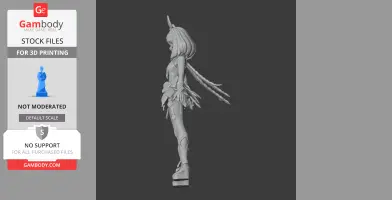 Detailed side view of a 3D figurine of a character with long hair and intricate clothing, ready for printing.