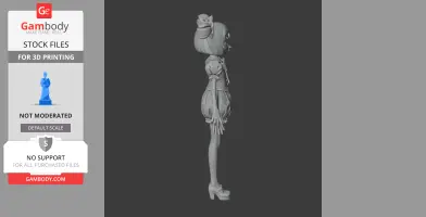 Side view of a 3D model of a spider-like character with a bow and poofy dress, designed for 3D printing.