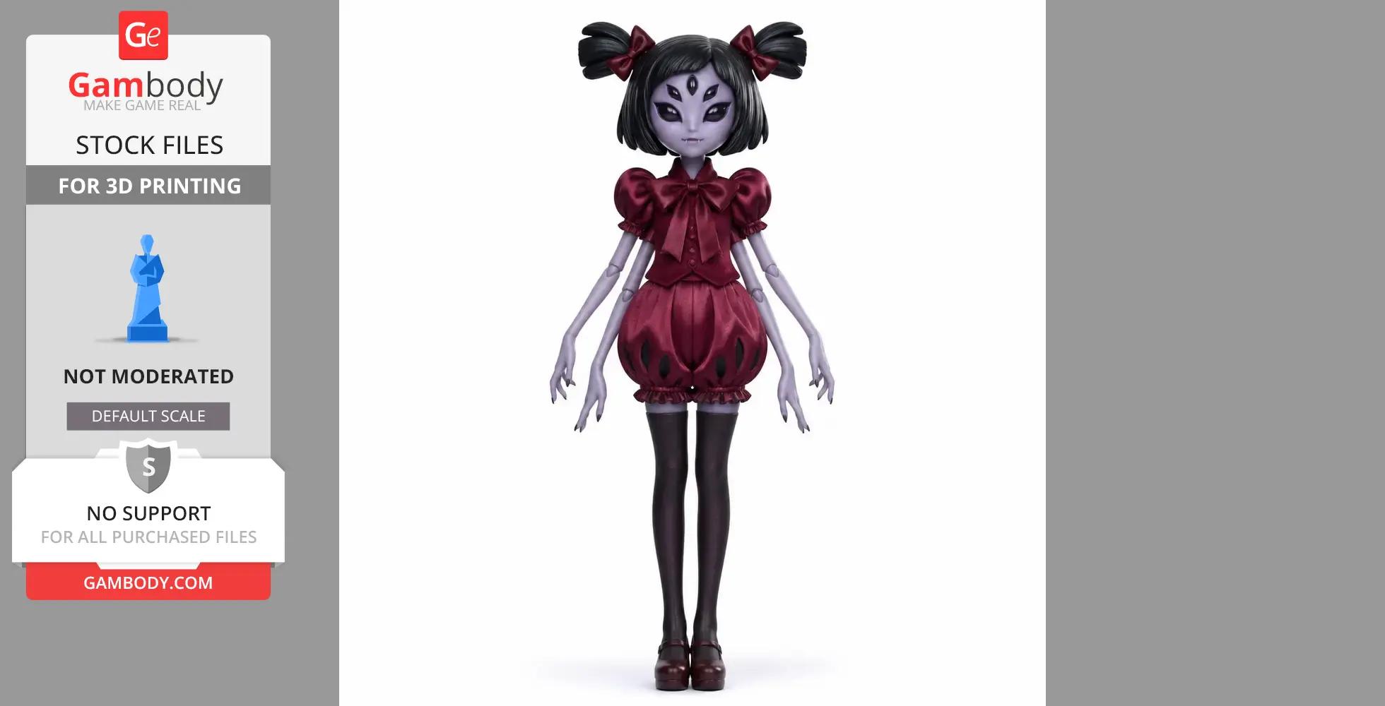 A six-armed, spider-inspired character with a bow and frilled outfit, designed for 3D printing.