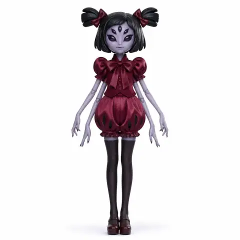 A stylized spider-themed figure with multiple eyes, dark hair, and a purple and red outfit.