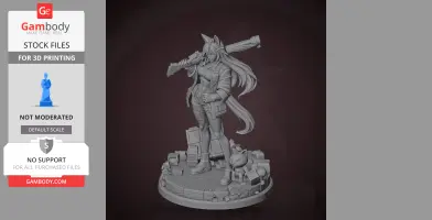 A 3D printed character with long hair and a large weapon stands on a detailed base with debris and a small creature.