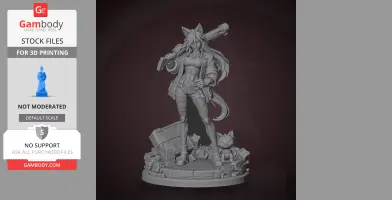A 3D figure of a female character with fox ears holding a weapon, standing on a detailed base with a small cat figure.