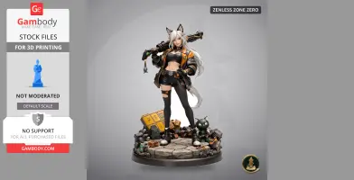 A character with cat ears and long hair, holding a weapon, stands on a detailed base with a small robot cat.